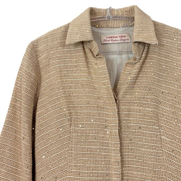 Caryna Nina Haute Couture Sequined Knit Buttoned Lightweight Jacket Tan Size S - Picture 3 of 11